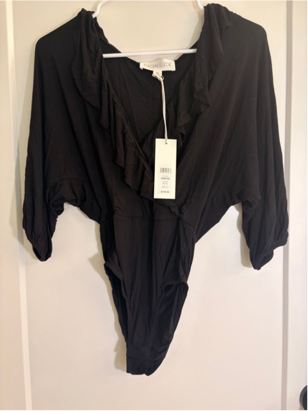 Rachel Zoe NWT Black Nicole Ruffled Crossover Balloon Sleeve Bodysuit XS